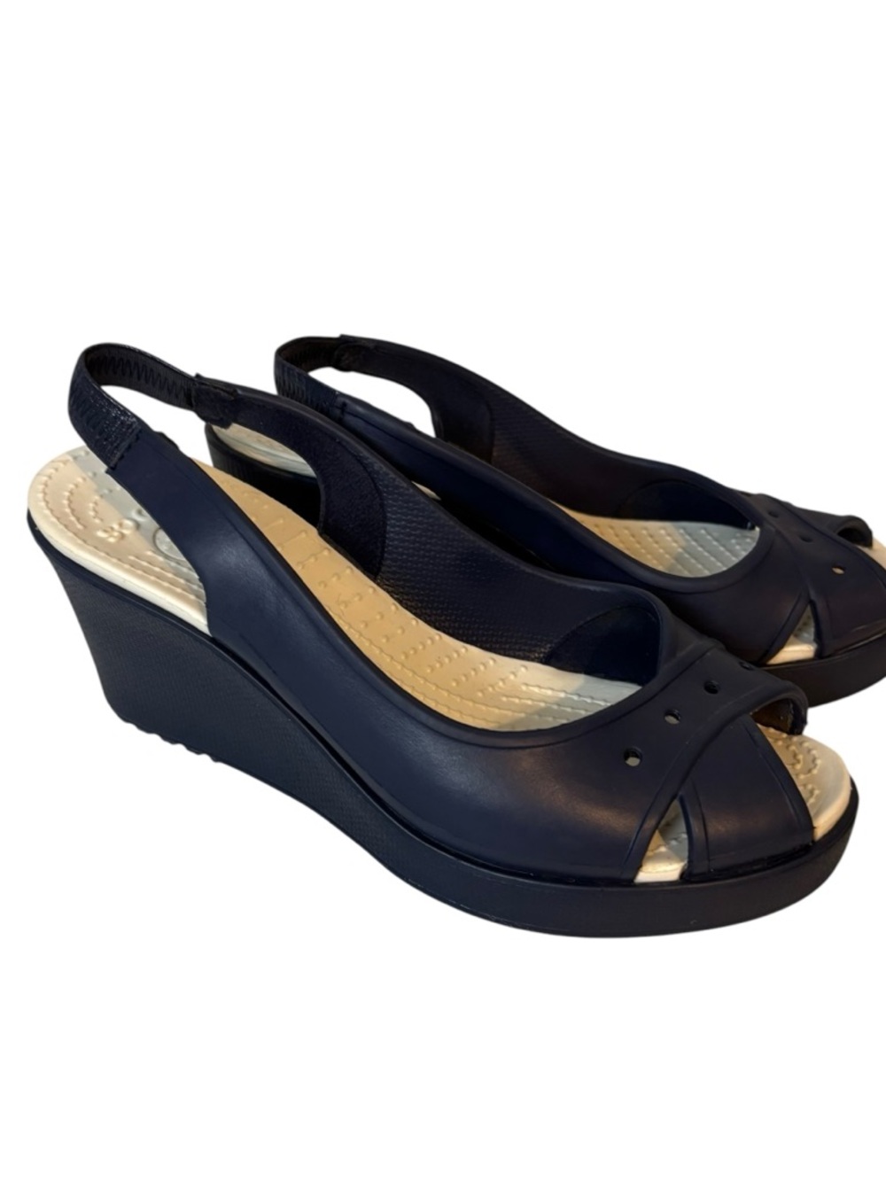 Crocs Navy Blue Farrah Slingback Wedge Heels Sandals Pumps Shoes Women’s Size 8